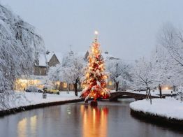 Bourton Christmas Tree in the River in the Cotswolds